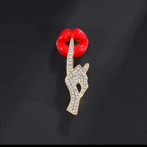 Chic Red Lips & Gesture Metal Brooch With Sparkling Rhinestones